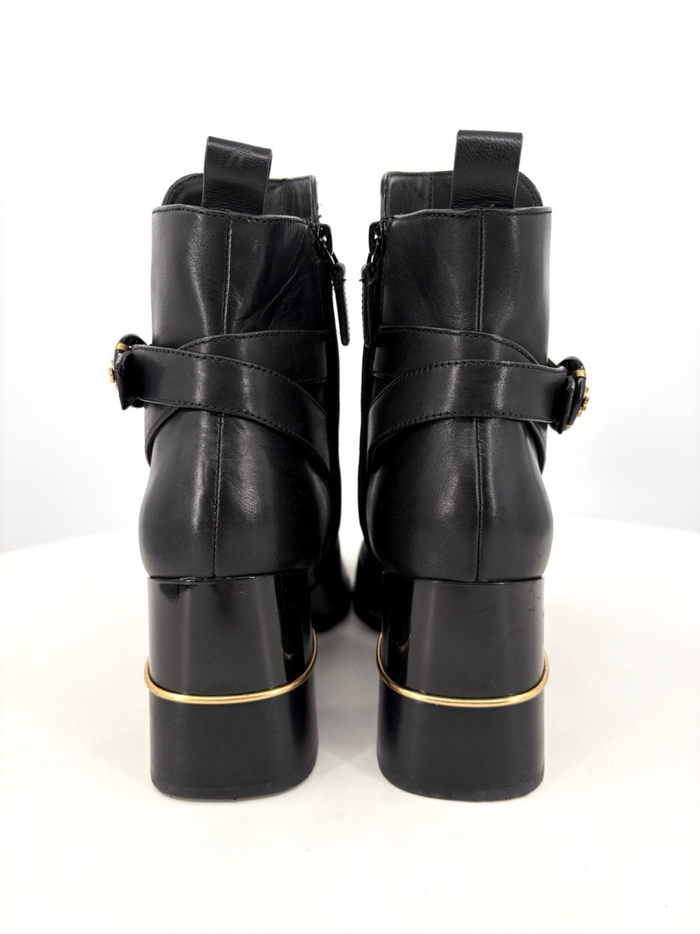 TORY BURCH Logo Buckle Square-Toe Ankle Boots in Black Leather 10 - Picture 9 of 14